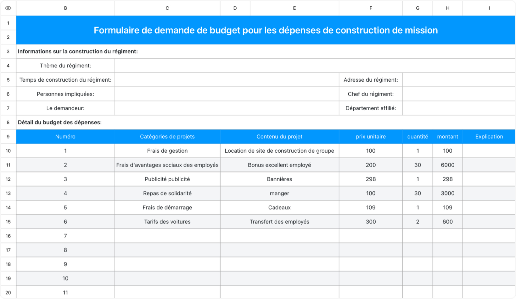 Formulaire de demande de budget pour les dépenses de construction de mission